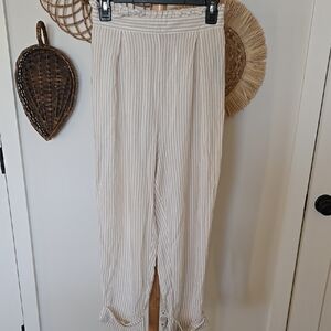 Oysho Linen Cream Striped Cropped Straight Leg Pants